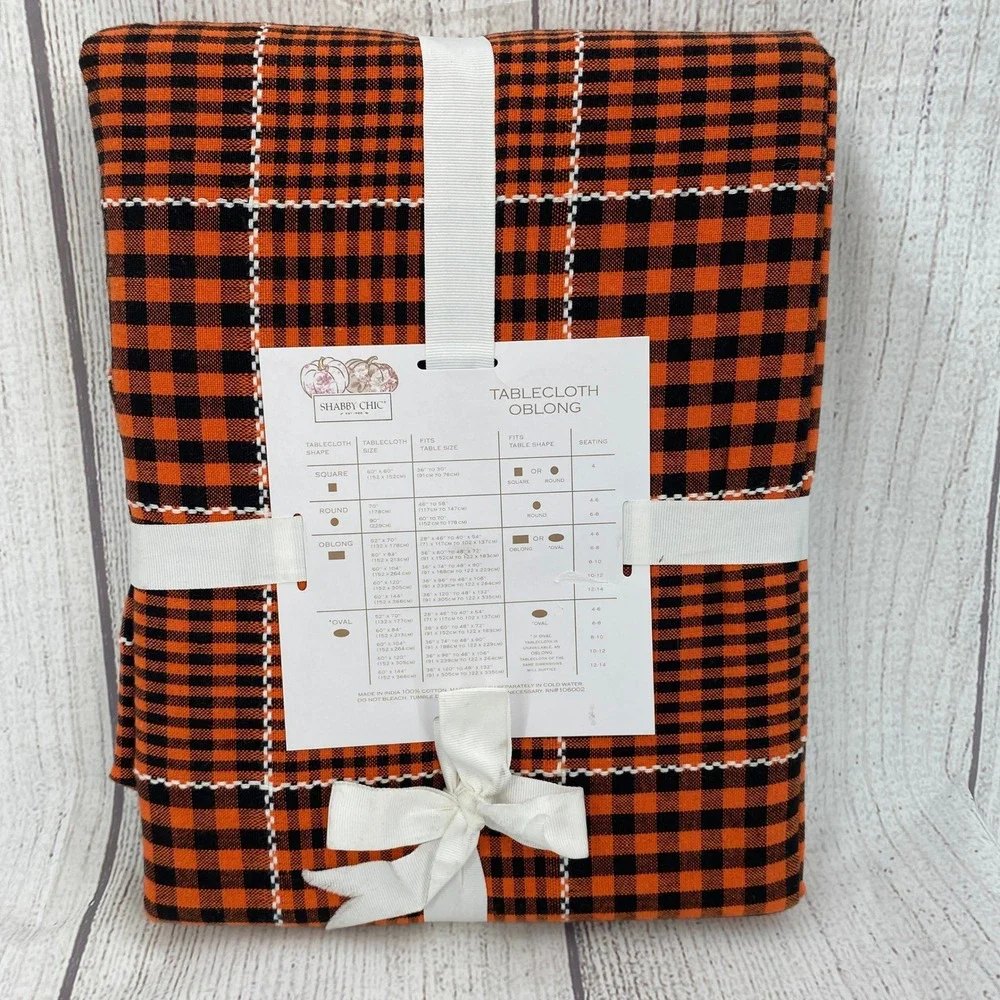 Shabby Chic Tablecloth 60x120 Orange Black Gingham Plaid Cotton Fall Halloween